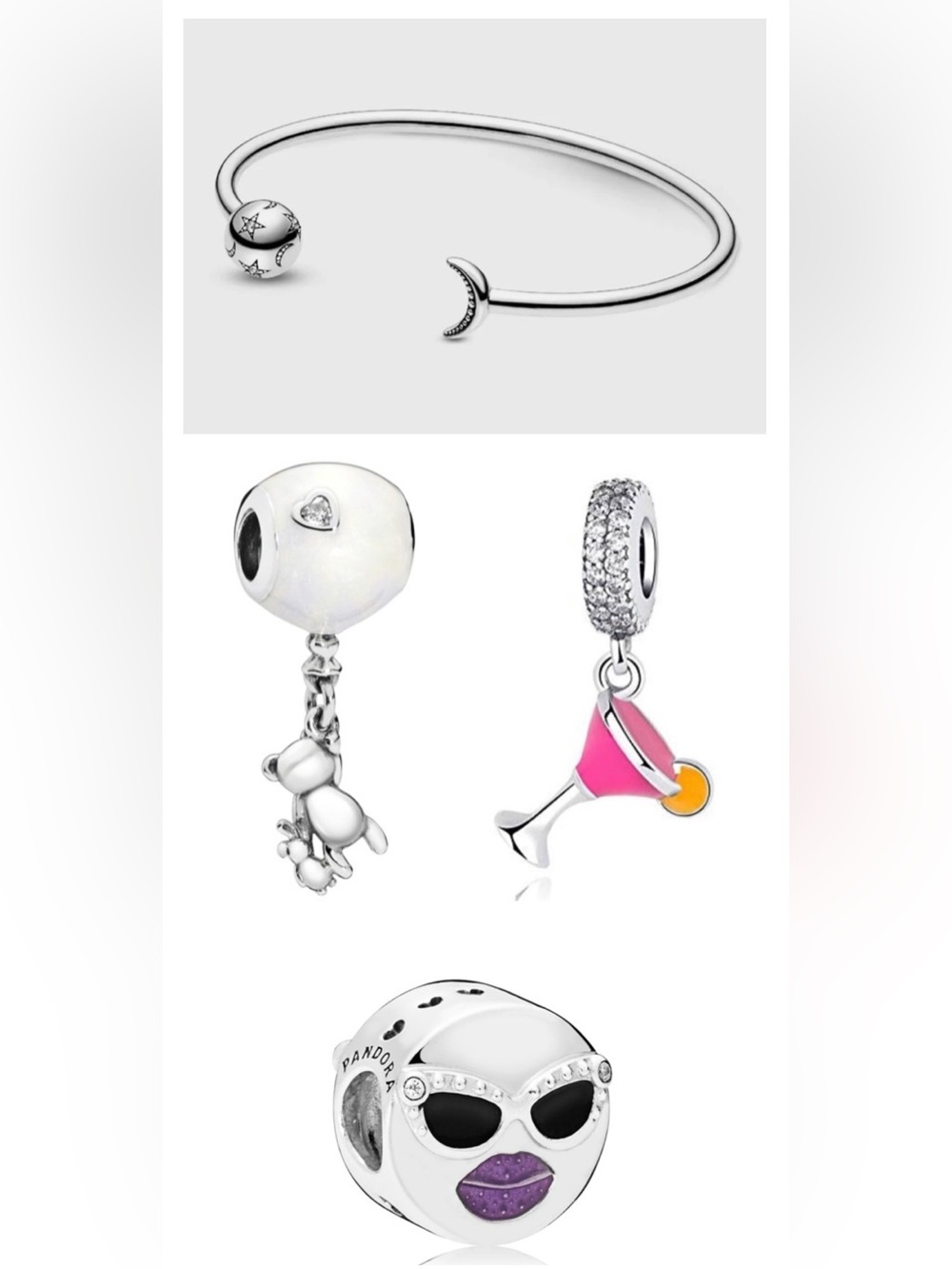 Pandora Silver Moon Cuff & Pink Cocktail Charm Bracelet Set With Box